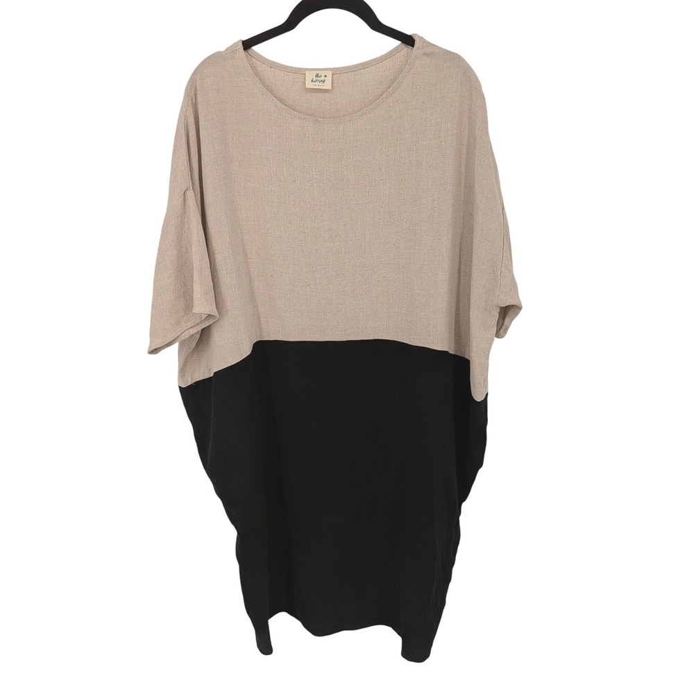 Blue Buttercup Oversize Tunic Dress Linen Blend Women Small Tan Black Colorblock
